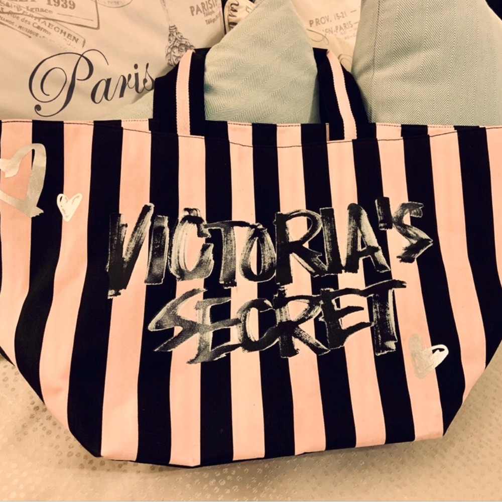 VICTORIA’S SECRET Pink Bag, Black & Pink Striped, Large, EUC
